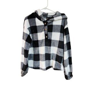 Shein Womens Black & White Plaid Fleece Hoodie Long Sleeve 3/4 Button-Up Size S
